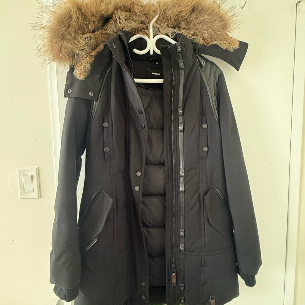 RUDSAK Dark Puffer Jacket with Faux Fur Hood